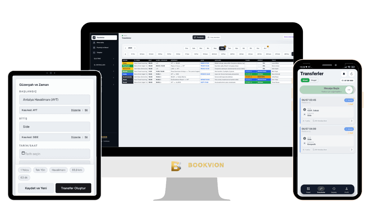 Bookvion web paneli, müşteri portalı ve sürücü uygulaması